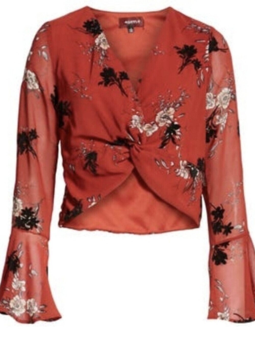 4SI3NNA Floral Twist Front Crop Top With Bell Sleeves XS New